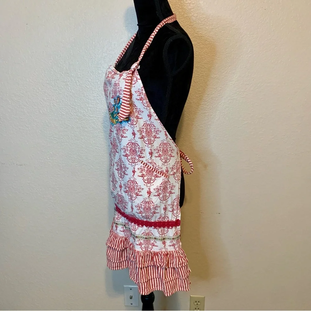 Sur La Table Peacock Embroidered Apron Red & White